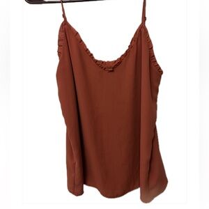 Loft V Neck Camisole with Adjustable Straps and Ruffle Detail - Dark Coral